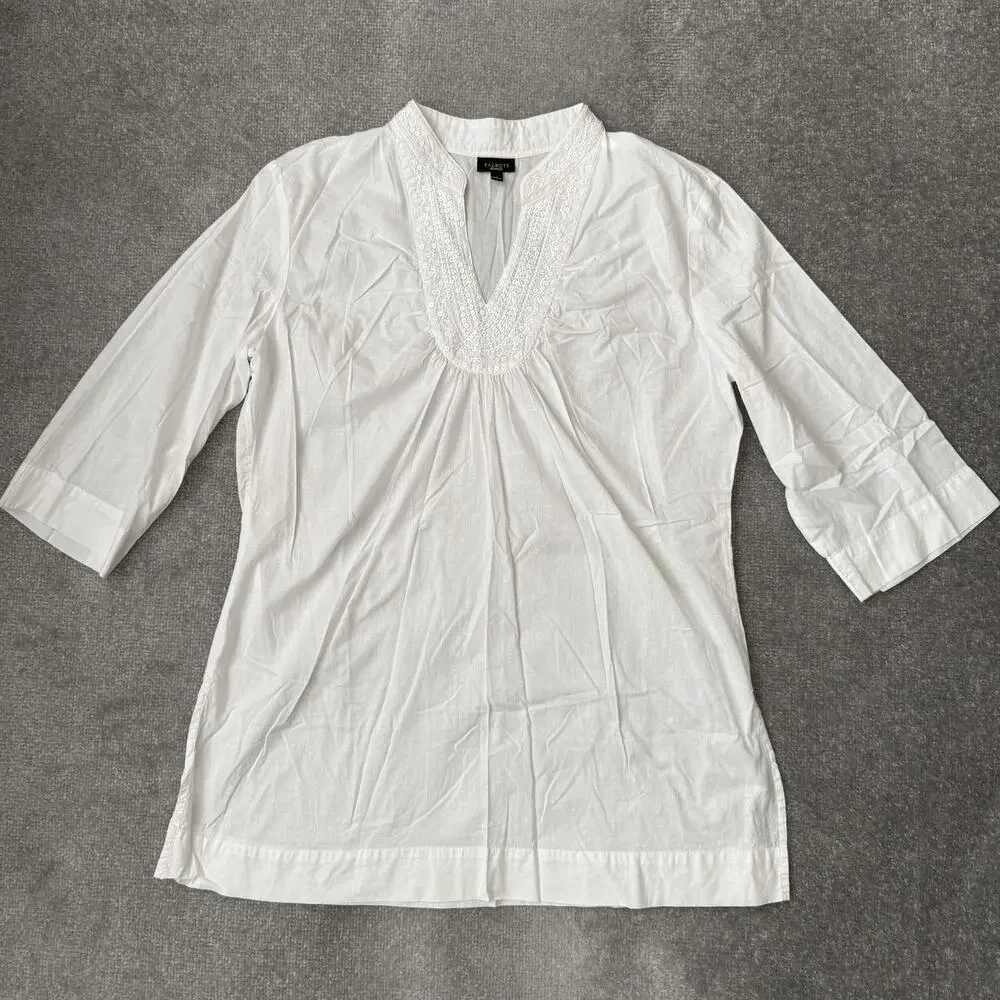 Talbots Blouse Womens Large White Sequin V Neck 3/4 Sleeve Tunic Top Cotton - Picture 1 of 9